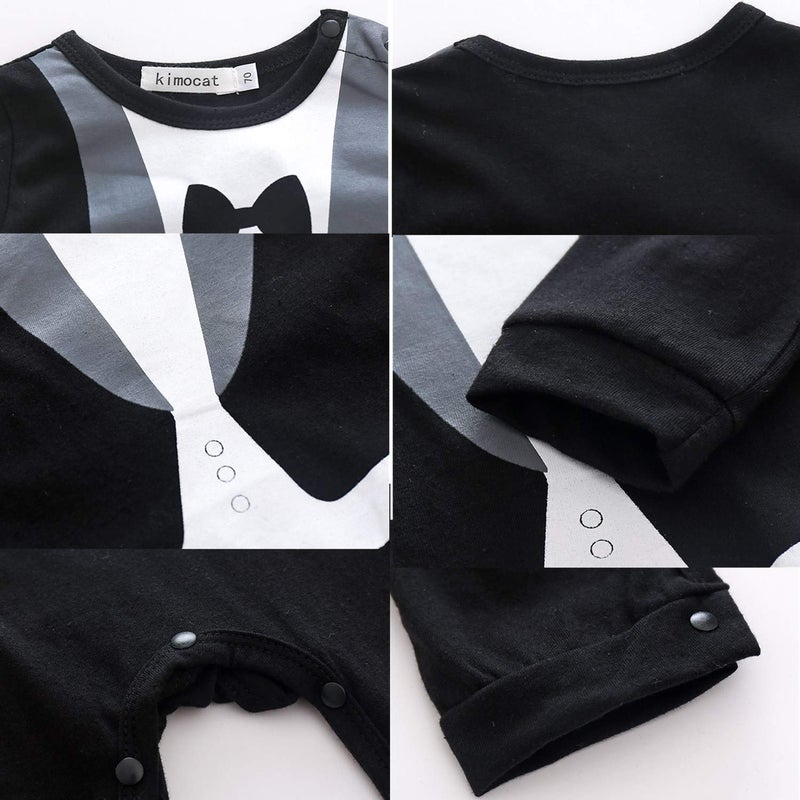 Kimocat Baby Boy Romper Tuxedo Jumpsuit Gentleman One-Piece Button-Down Bowtie Wedding Suit Bodysuit (Black&Black Bowtie, 6-12 months/80) - Image 3